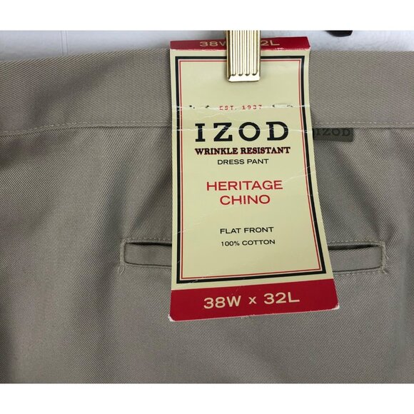 Izod Pants Chino Khaki Mens 38 Straight Leg Flat Front Wrinkle Free (38x32) - Picture 6 of 10